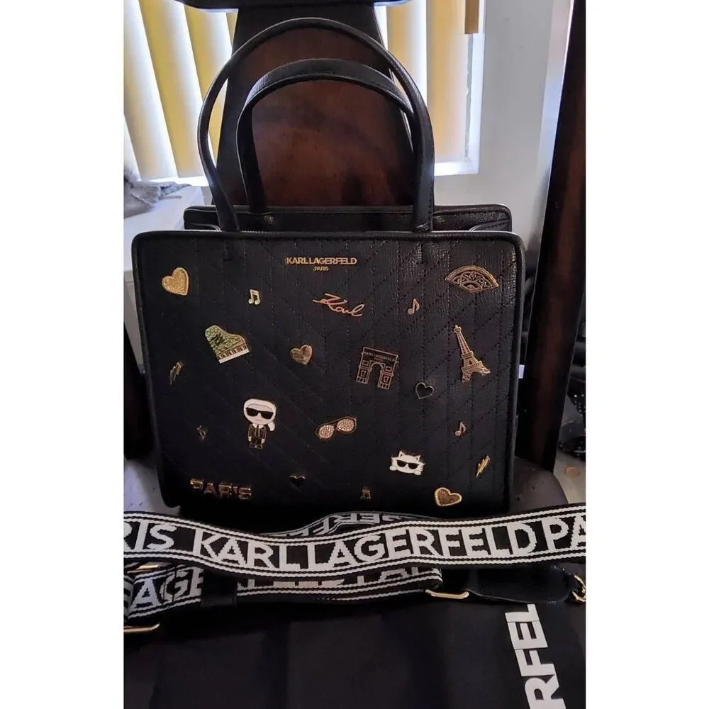 NWT~KARL LAGERFELD Women's Black/Gold Maybelle Pins Satchel Handbag Purse
